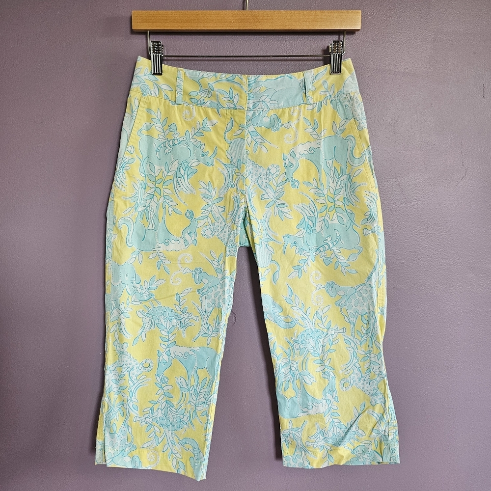Lilly Pulitzer Vintage Yellow & Blue Wild Animal Print Mid Rise Capris